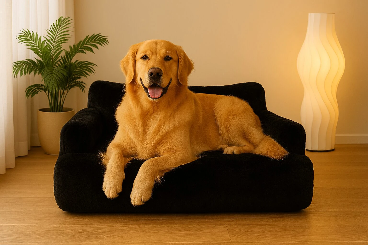 Sofá negro para mascotas con relleno de alta densidad, mostrando perro dorado recostado en posición frontal sobre superficie acolchada.