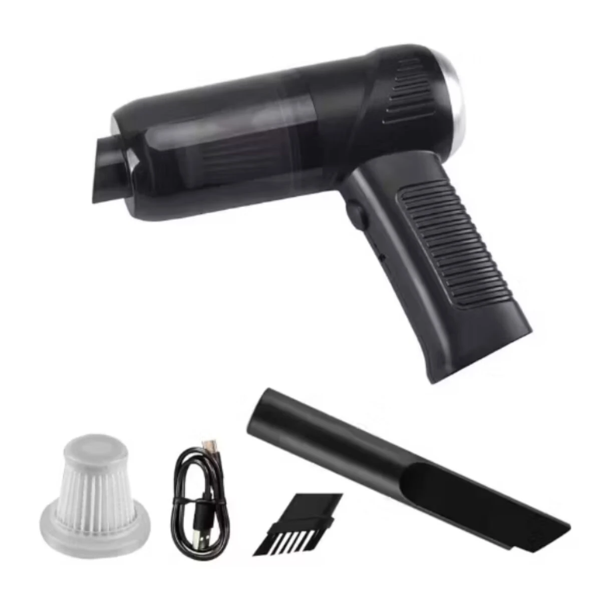 Aspiradora portátil negra con mango ergonómico, accesorio de tubo largo, cepillo de cerdas y filtro blanco, cable USB incluido.