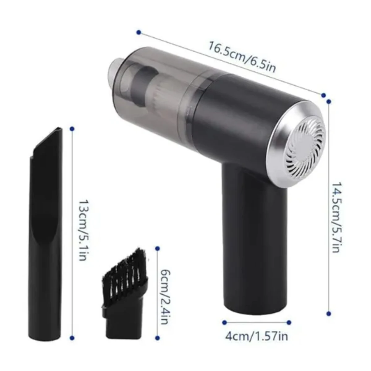 Aspiradora portátil negra con accesorios: cepillo, boquilla y filtro transparente. Mide 16.5 cm de largo, 14.5 cm de altura y 4 cm de ancho. Ideal para limpieza de tapicería y vehículos.