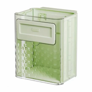 Basurero plegable verde claro con tapa frontal y rejilla decorativa, diseñado para instalación en puertas de gabinete.