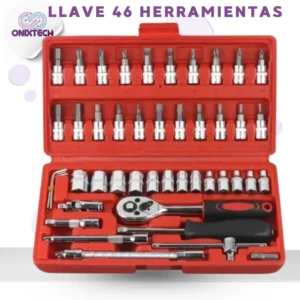 Kit de 46 herramientas con bits y trinquete en caja roja abierta, mostrando organizadores de bits, llave de impacto, extensiones y accesorios metálicos brillantes.