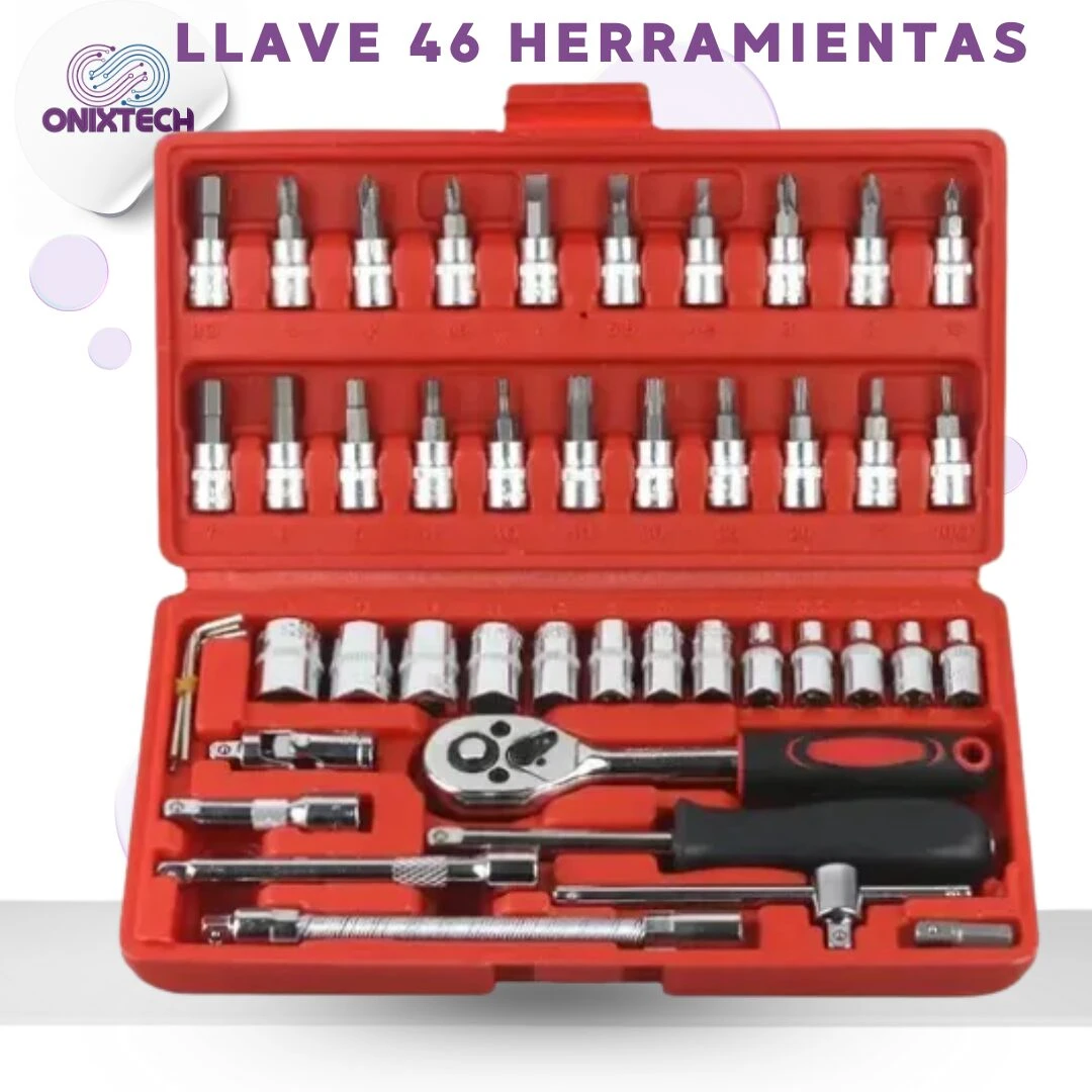 Kit de 46 herramientas con bits y trinquete en caja roja abierta, mostrando organizadores de bits, llave de impacto, extensiones y accesorios metálicos brillantes.