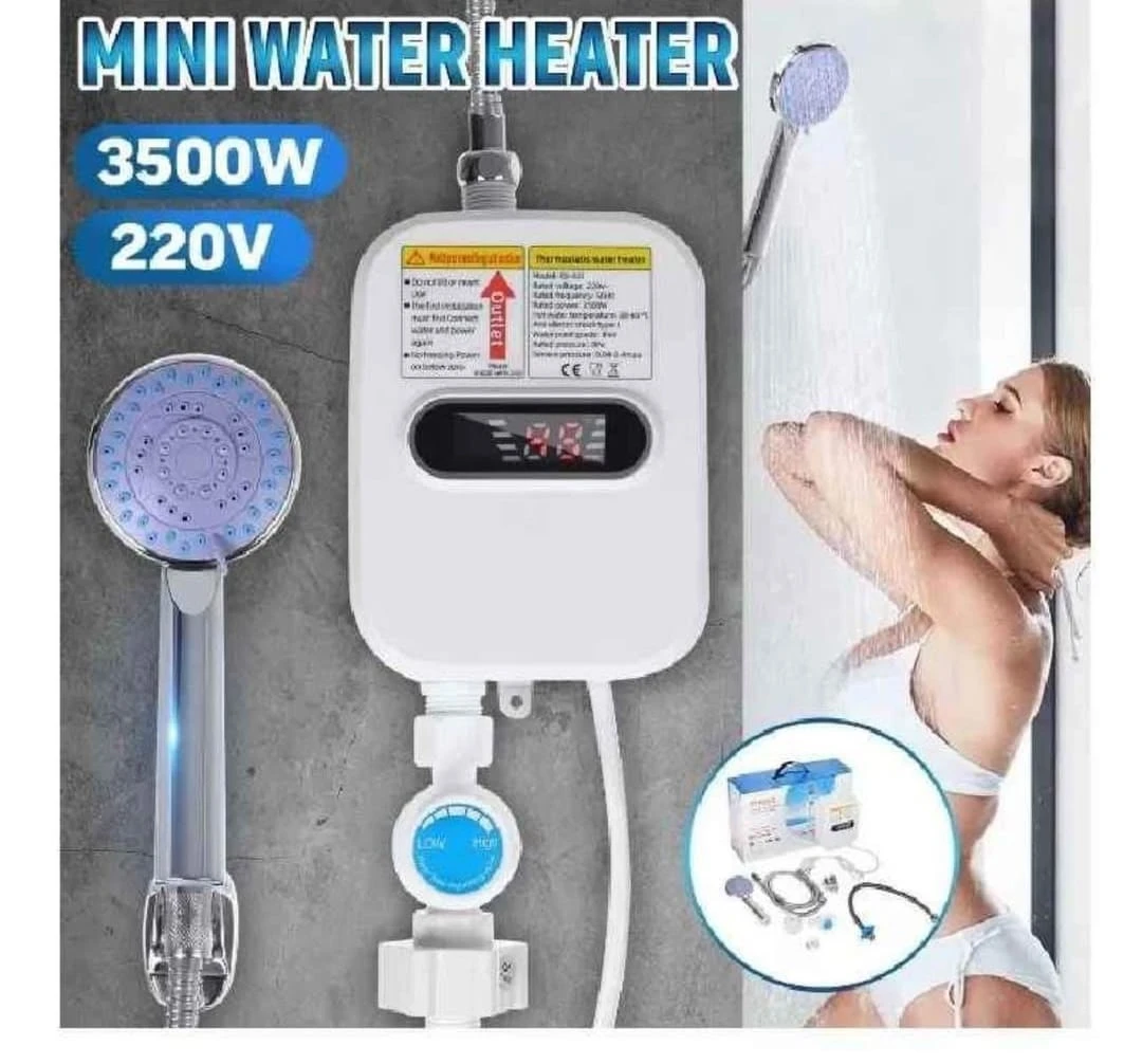 Calentador de agua eléctrico portátil blanco con ducha, termostato digital y accesorios incluidos, ideal para uso en baño.