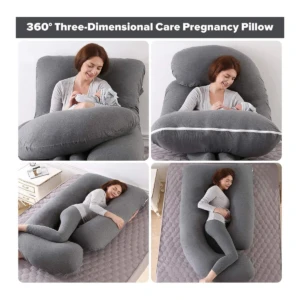 Almohada de embarazo en color gris, con forma ergonómica en U, mostrada en cuatro posiciones: sentada, acostada lateralmente y recostada, con mujer usando la almohada para soporte lumbar y descanso durante el embarazo.