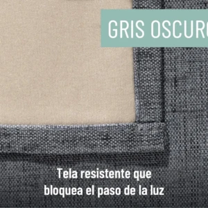 Cortina Blackout en gris oscuro, tela resistente que bloquea la luz, vista de primer plano mostrando textura y costura.