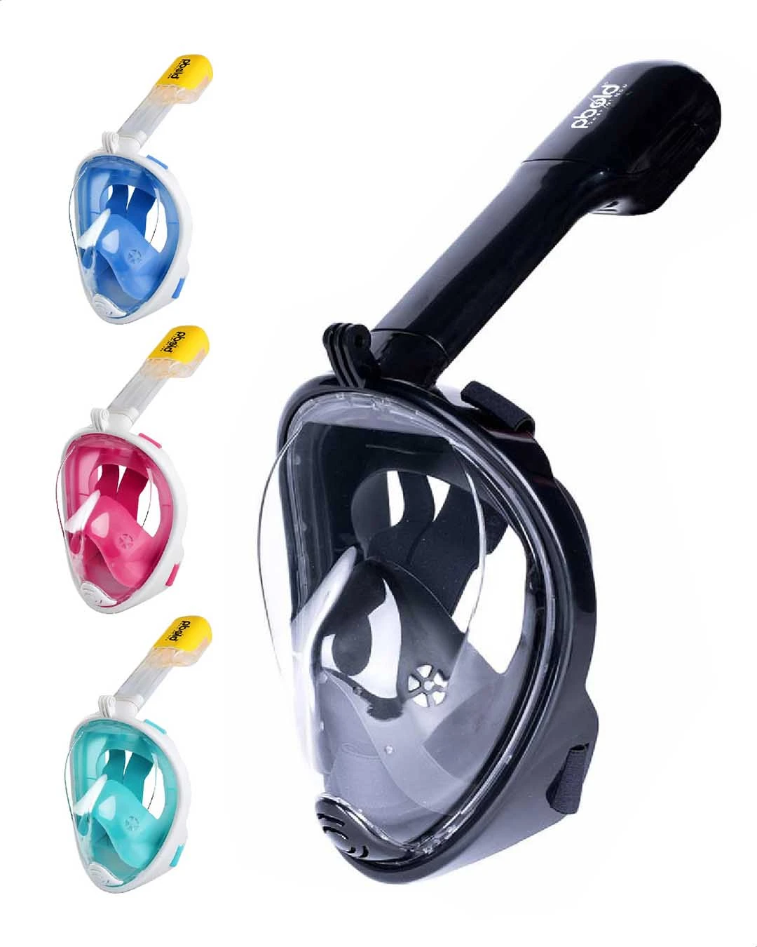 Caretas snorkel full face negro con visión panorámica, modelo principal en primer plano y tres variantes de color (azul, rosa y turquesa) en columna lateral.