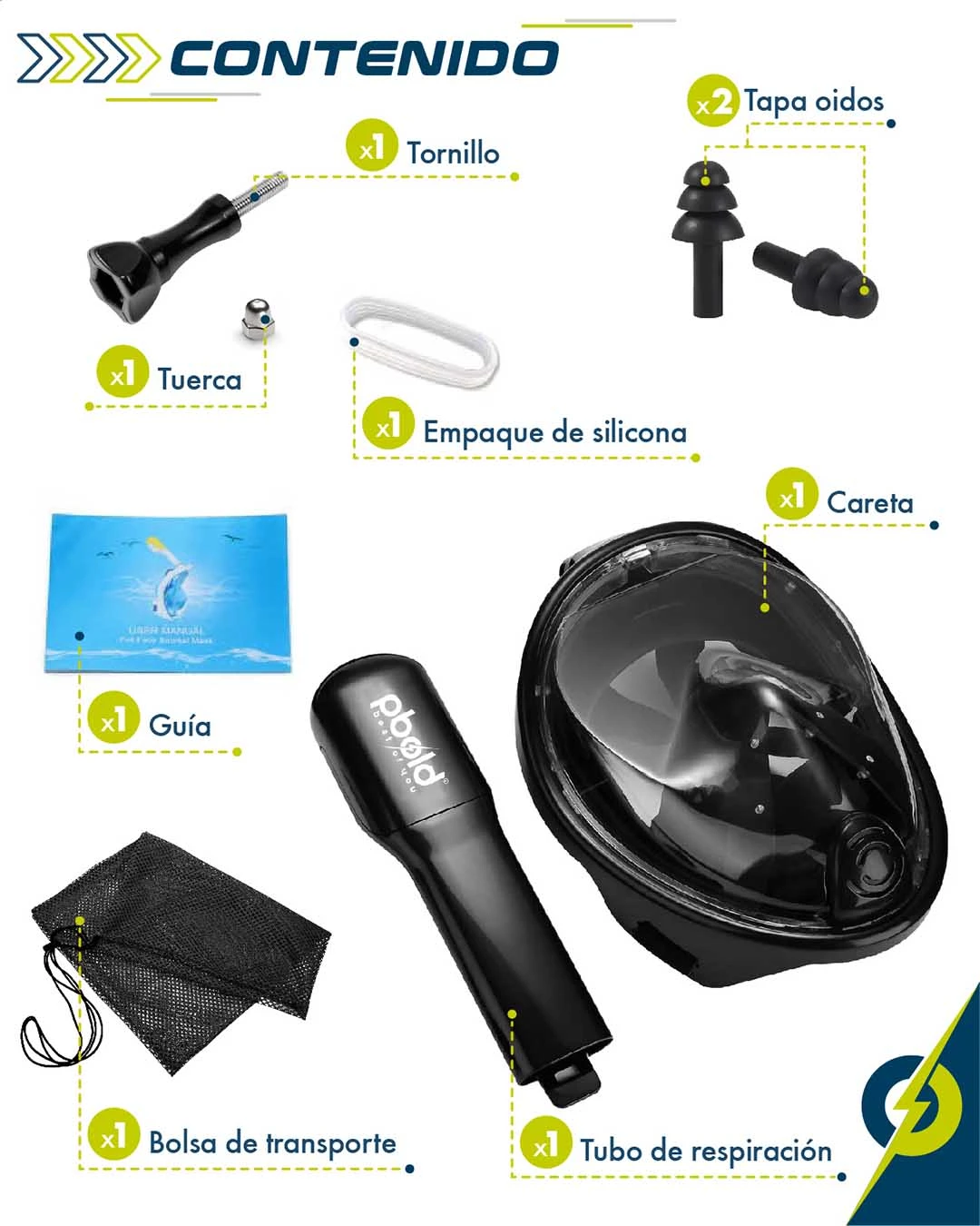 Caretas snorkel full face negro con visión panorámica, mostrando contenido del paquete: careta, tubo de respiración, tapa de oídos, empaque de silicona, tuerca, tornillo, guía y bolsa de transporte.