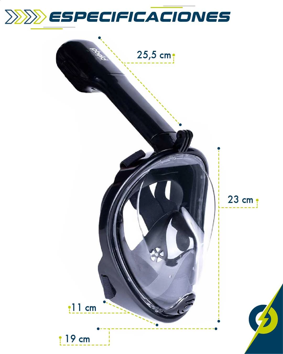Caretas snorkel full face negro con visión panorámica, mostrando dimensiones de 25,5 cm en tubo y 23 cm en altura, ideal para respiración libre bajo el agua.