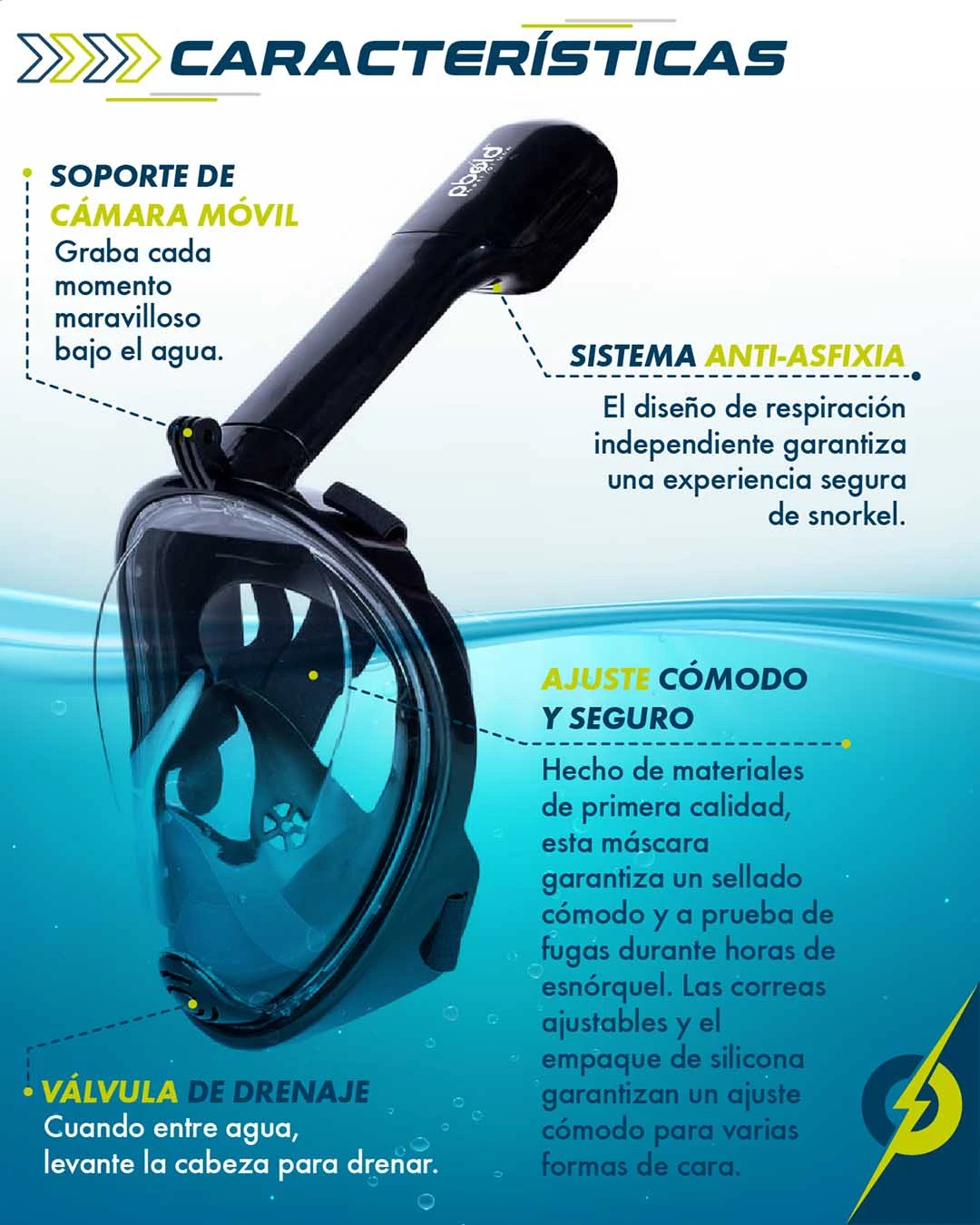 Caretas snorkel full face negro en vista lateral, con visor panorámico y sistema anti-asfixia visible. Incluye soporte para cámara móvil y válvula de drenaje en la parte inferior.