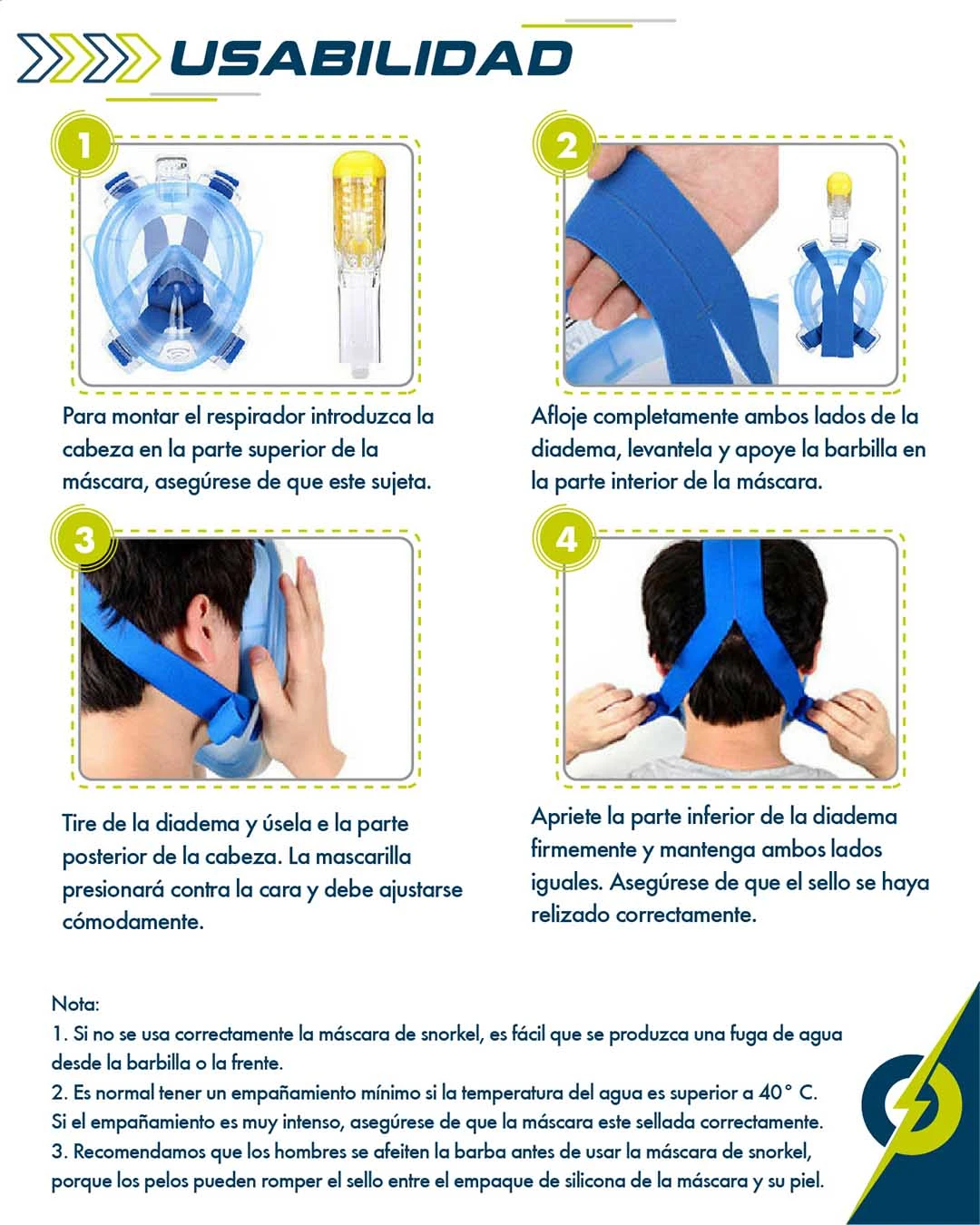 Guía de uso para máscara snorkel full face negra, mostrando pasos de ajuste con diadema azul y respirador amarillo, vista trasera y lateral.