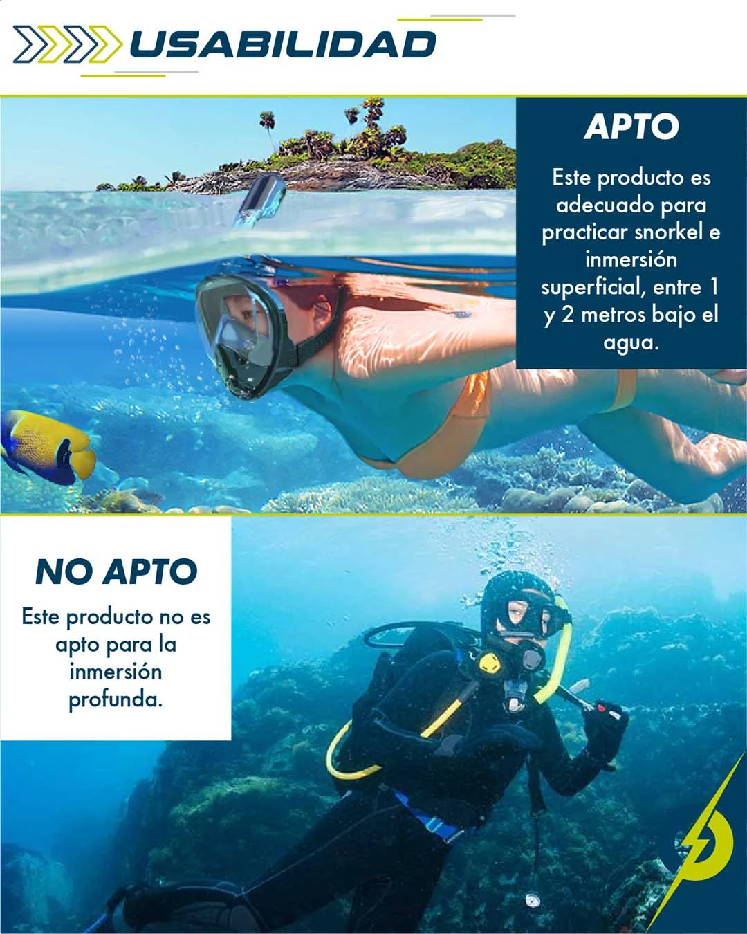 Caretas snorkel full face negro L/XL con visión panorámica, mostrando uso en snorkel superficial y no apto para inmersión profunda.