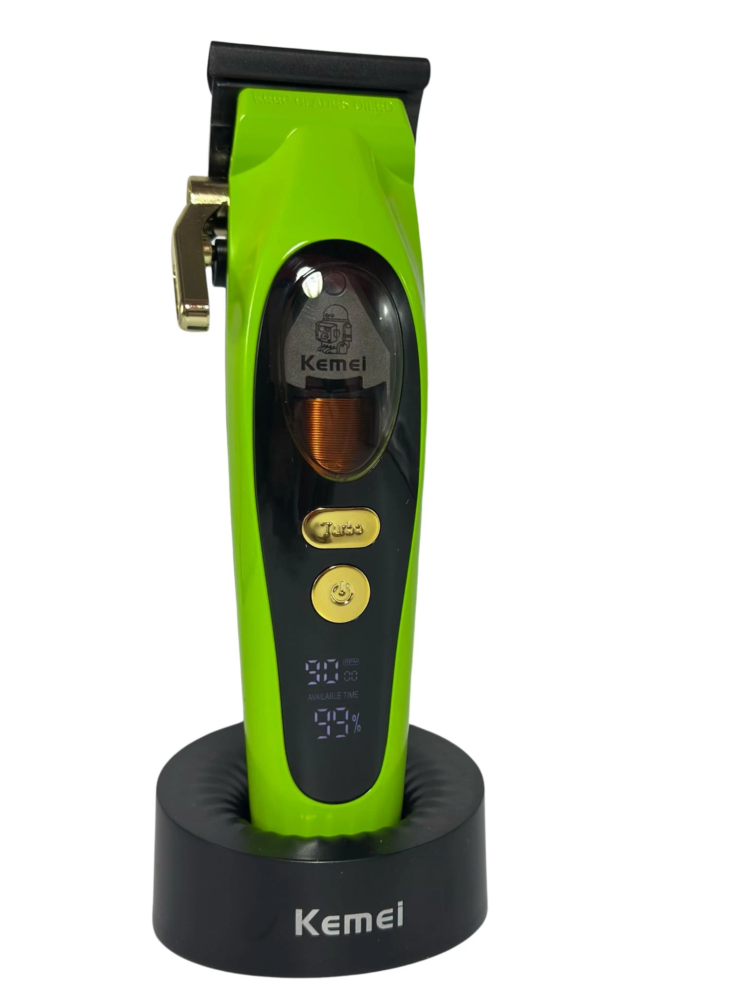 Afeitadora eléctrica recargable Kemei en verde lima con base de carga negra, pantalla digital y botones dorados para ajuste de longitud.