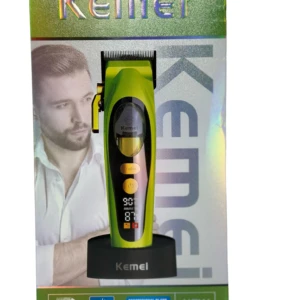 Afeitadora eléctrica recargable Kemei en color verde lima con pantalla LCD, base de carga y ajuste de longitud para barba y bigote.