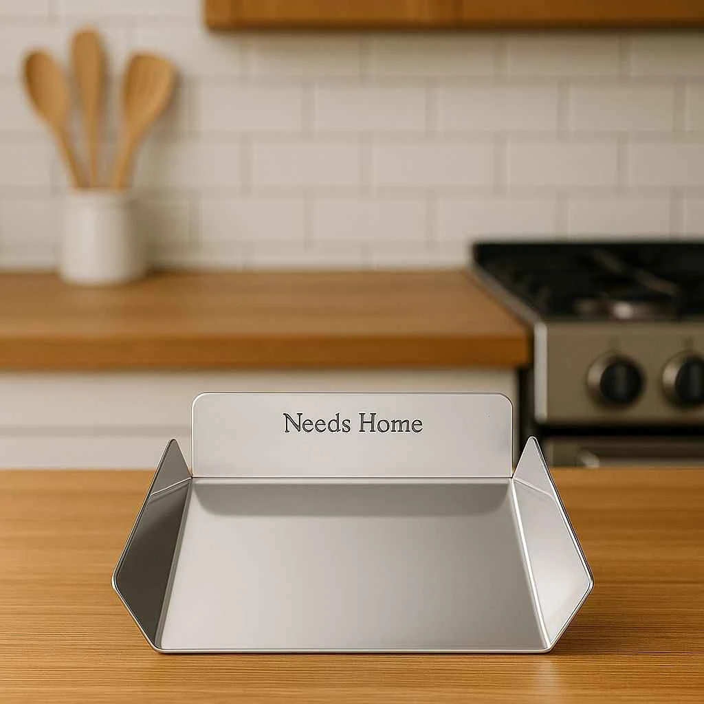 Recogedor de acero inoxidable compacto con placa frontal que dice "Needs Home", sobre encimera de madera en cocina.