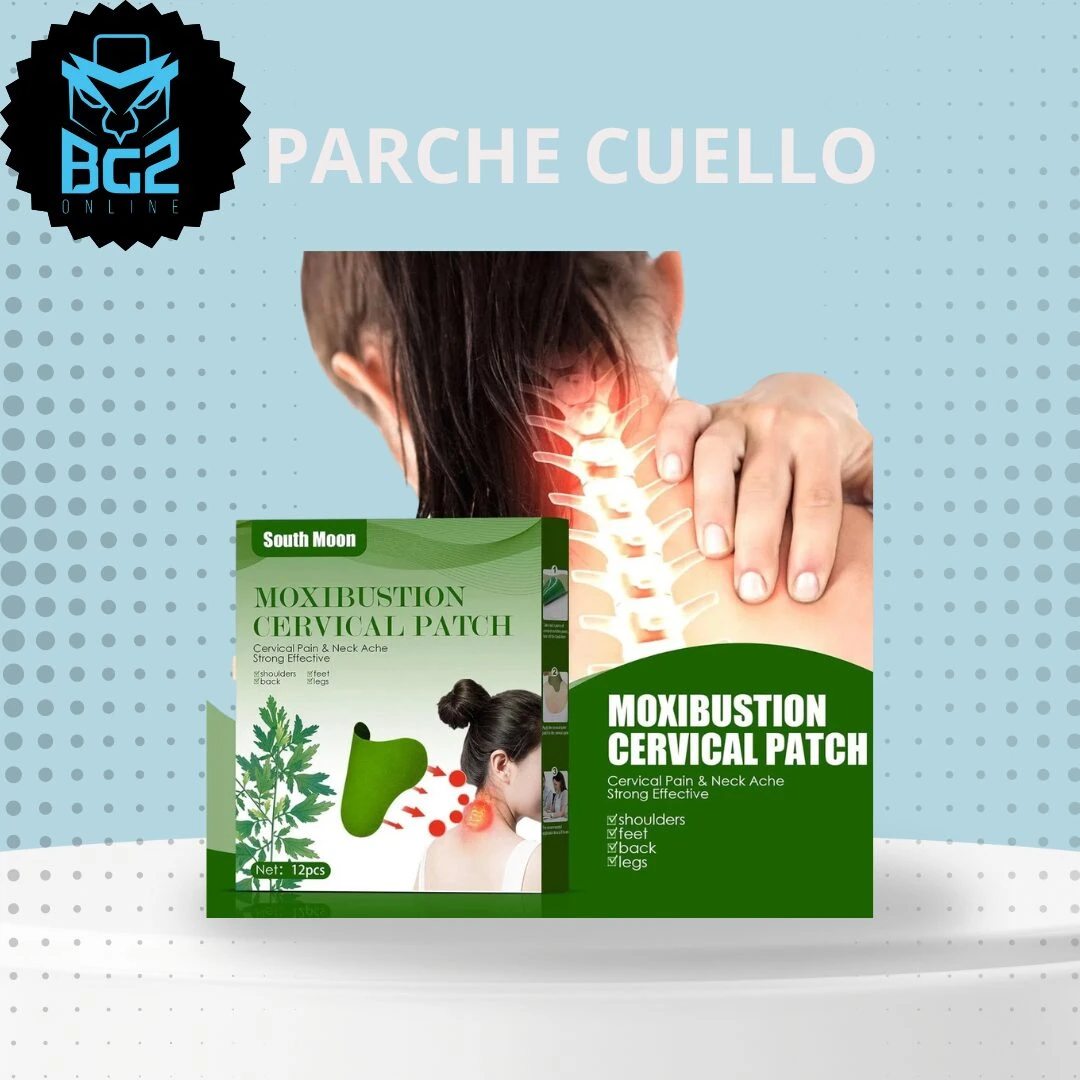 Pack de dos parches de moxibustión para cuello, con de aplicación en zona cervical y caja verde con texto en inglés y español.