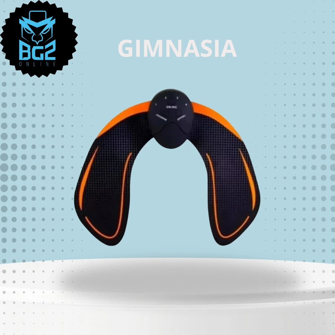 Gimnasia pasiva electroestimuladora recargable en color negro con detalles naranjas, vista frontal sobre fondo azul claro.