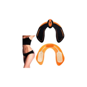 Gimnasia pasiva electroestimuladora recargable en naranja y negro, con diseño ergonómico para uso en cadera y glúteos, mostrando variante de color y aplicación en modelo femenino.