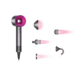 Secadora Dyson Supersonic en color magenta con accesorios incluidos: difusor, concentrador, boquilla y boquilla de aire frío.