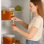 Mujer sirviendo jugo naranja desde jarra dispensadora de 3,5 litros con grifo integrado en refrigerador abierto.