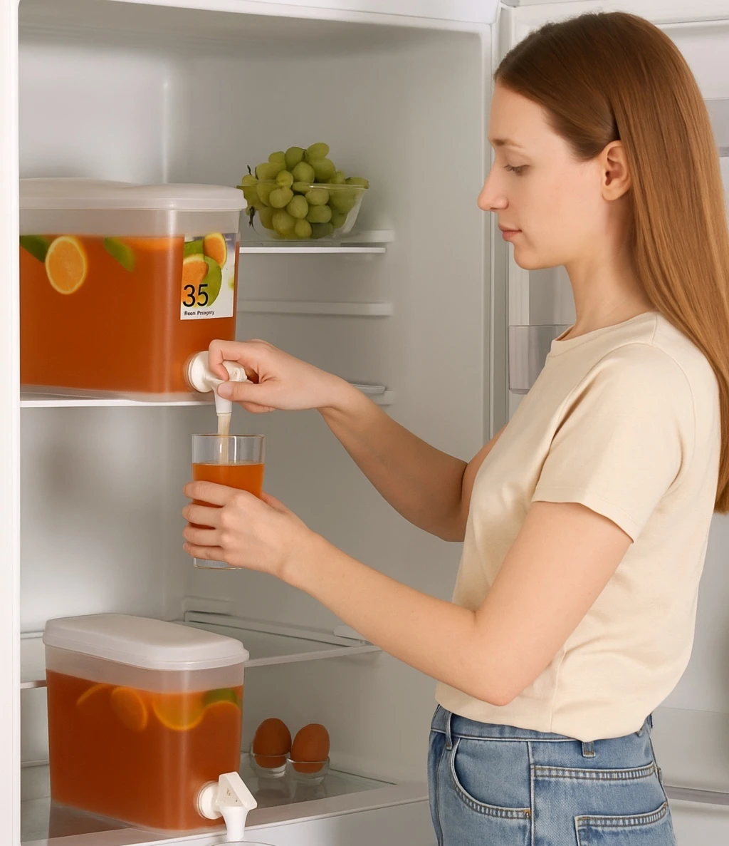 Mujer sirviendo jugo naranja desde jarra dispensadora de 3,5 litros con grifo integrado en refrigerador abierto.