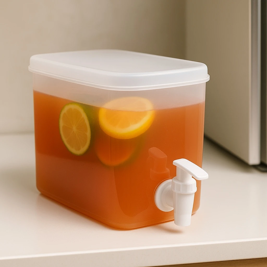 Jarra dispensadora de 3,5 litros con grifo integrado, color naranja translúcido, contiene líquido con rodajas de limón y naranja.