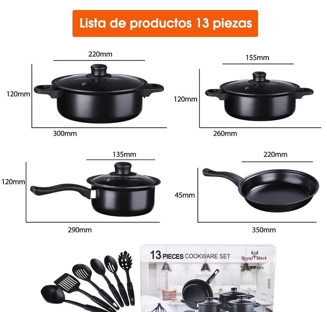 Set de 13 piezas de cocina en color negro, incluye ollas, sartén, utensilios y caja de presentación con medidas visibles.