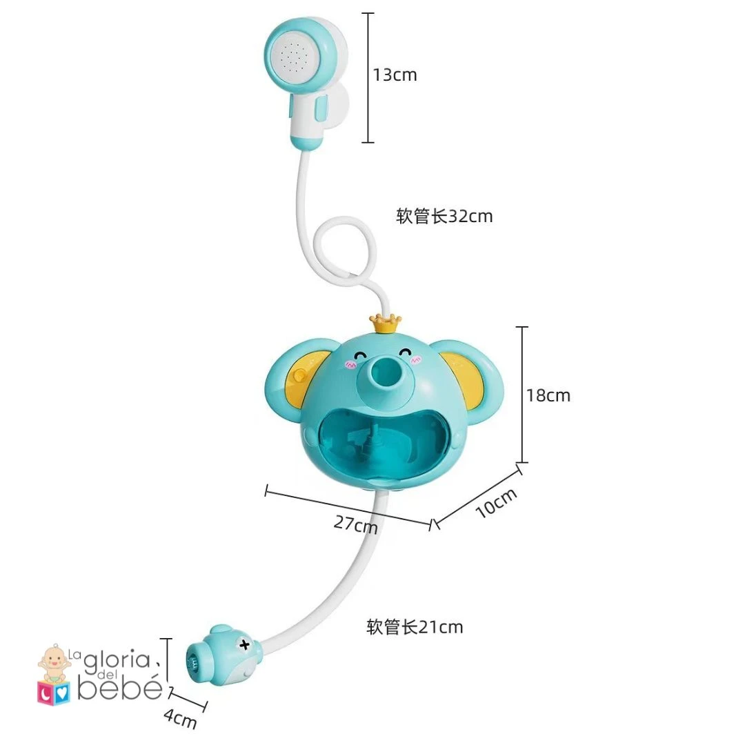 Ducha burbujeras elefante azul con ventosas, medidas 27x18 cm y tubos de 32 y 21 cm, ideal para baño infantil.