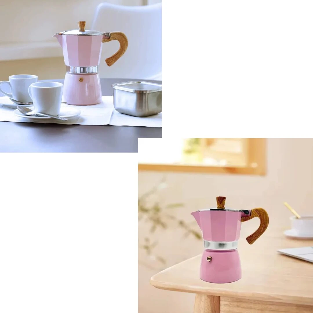 Cafetera Expresso Italiana Rosada de Aluminio con Mango de Madera - Prepara café tradicional italiano en casa con estilo y color