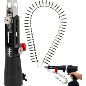 Adaptador dispensador de tornillos negro con cargador de fijaciones en espiral, compatible con taladro inalámbrico, para instalación rápida de tornillos.