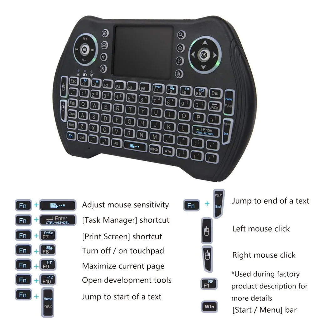 Teclado inalámbrico negro compacto con ratón integrado, botones multimedia y teclado QWERTY para control de TV, PC y consolas.