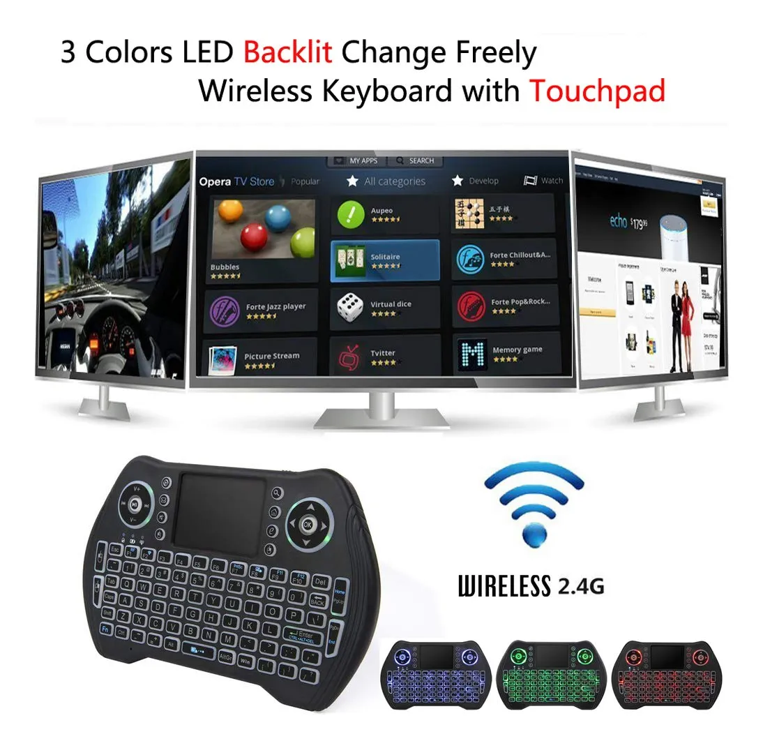 Teclado inalámbrico negro con ratón integrado y panel táctil, compatible con TV, PC y consolas. Iluminación LED en tres colores: azul, verde y rojo. Conexión 2.4 GHz.
