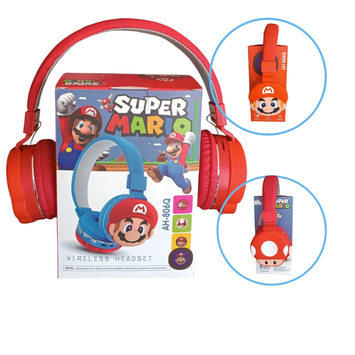 Diadema inalámbrica roja con temática Super Mario, caja frontal mostrando auriculares y accesorios incluidos.