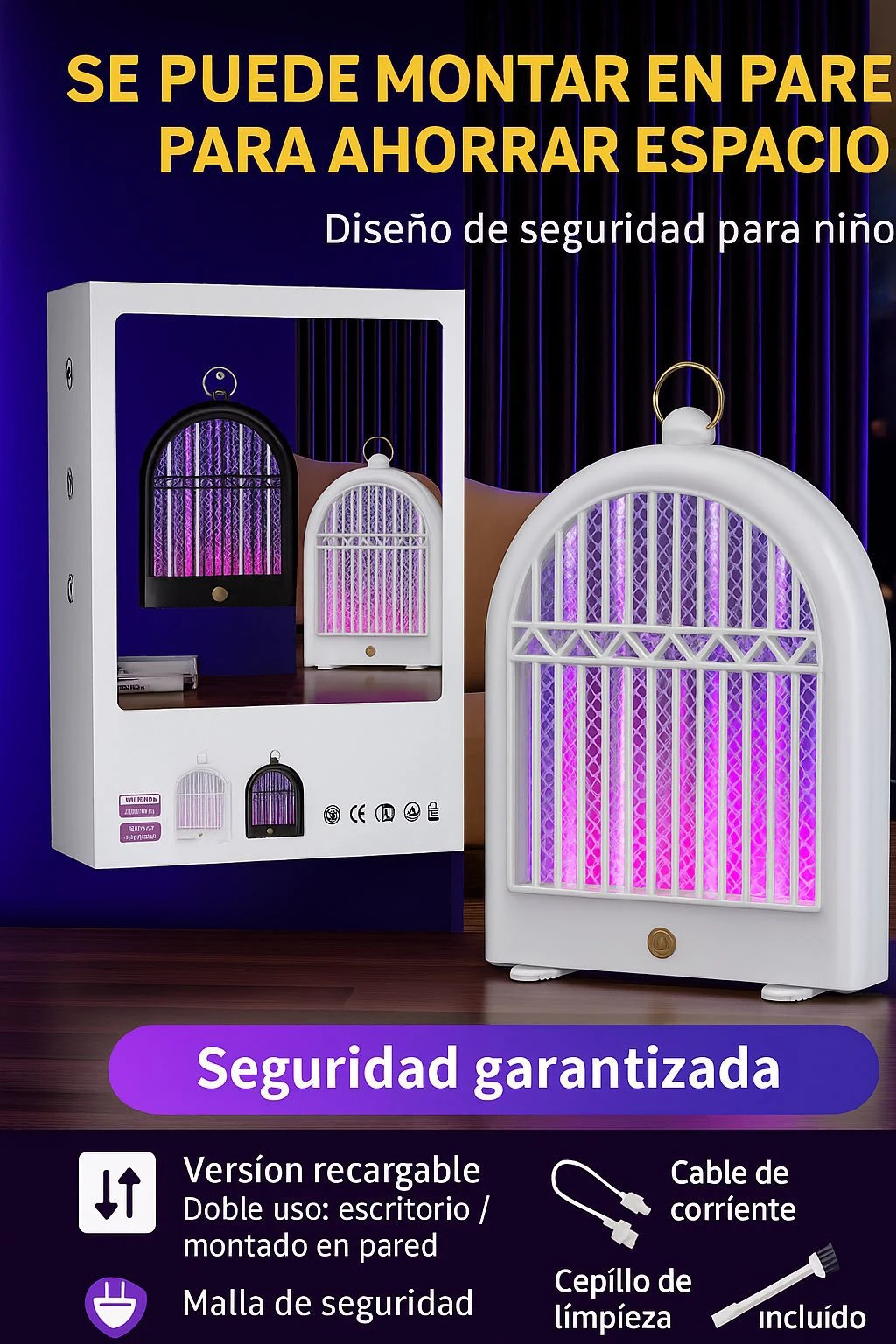 Mata zancudos recargable LED UV en diseño de jaula de pájaro, color blanco con luces moradas y rosas, incluye caja de presentación y accesorios visibles.