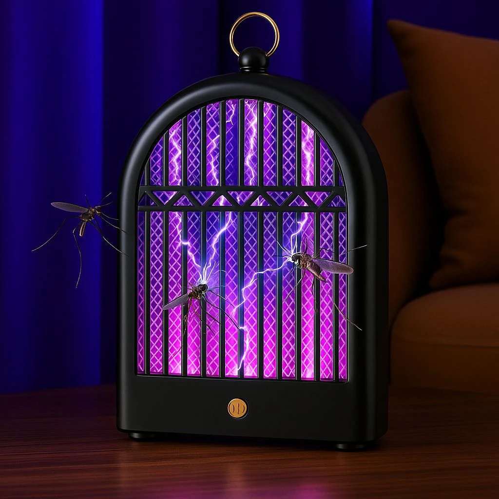 Mata zancudos recargable LED UV en color negro, con diseño de jaula arqueada y luces violetas activas, sobre mesa de madera con fondo azul oscuro y sofá marrón.