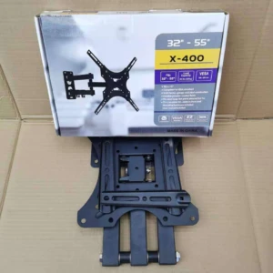 Soporte para TV de 32 a 55 pulgadas, modelo X-400, con caja original y montaje desplegado en color negro.