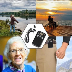 Amplificador de sonido personal con control remoto y auriculares, mostrado en uso por personas mayores y adultos, con diseño compacto y botones claros para facilitar el manejo.