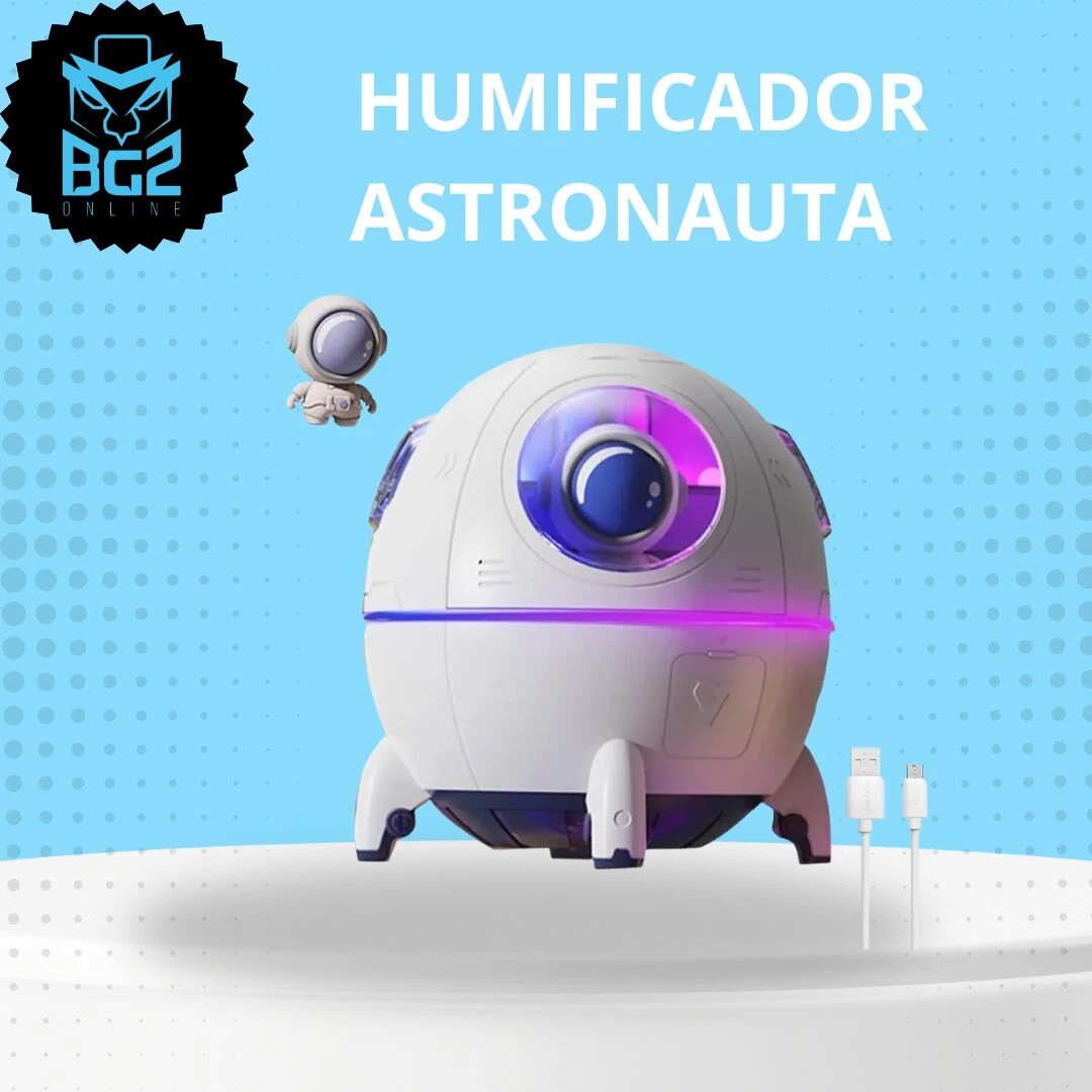 Humificador ultrasónico en forma de astronauta blanco con luz LED morada, sobre pedestal blanco con cables USB visibles.