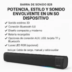 Barra de sonido B28 negra con luces LED RGB visibles en la base, controles táctiles en el lateral derecho y cable auxiliar incluido.