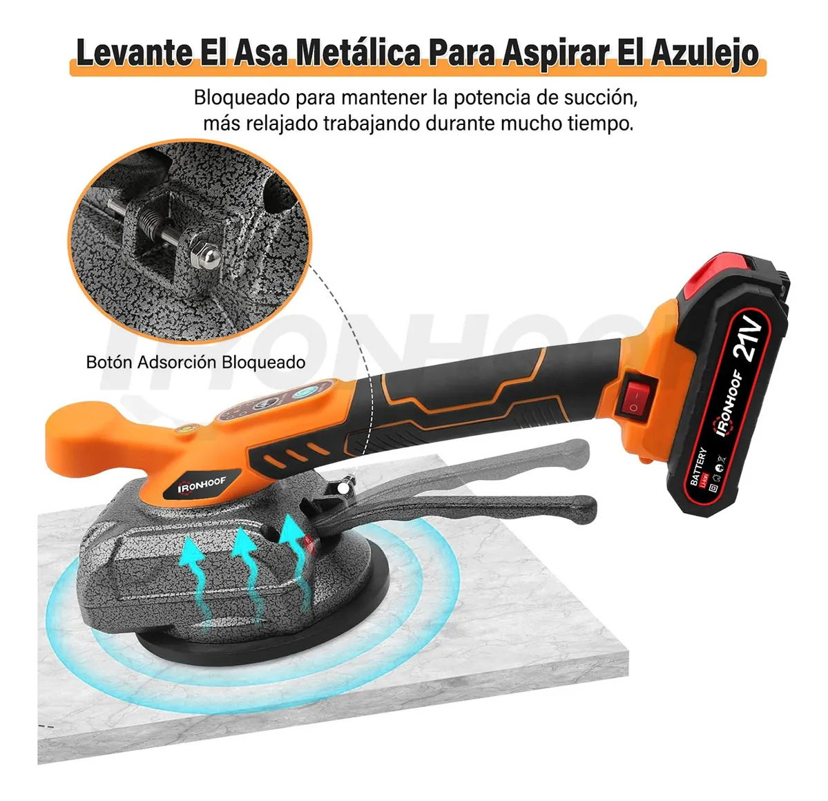 Vibrador de baldosas inalámbrico en color naranja y negro, con batería de 21V, base de succión y botón de bloqueo para mantener potencia de aspiración.