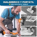 Hombre usando vibrador de baldosas inalámbrico naranja con pantalla, aplicando adhesivo en suelo con malla de fibra de vidrio; comparación visual con métodos manuales tradicionales.