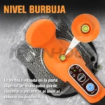 Vibrador de baldosas inalámbrico naranja con burbuja de nivel en la parte superior y pantalla táctil con botones de control, sobre superficie de baldosa gris.
