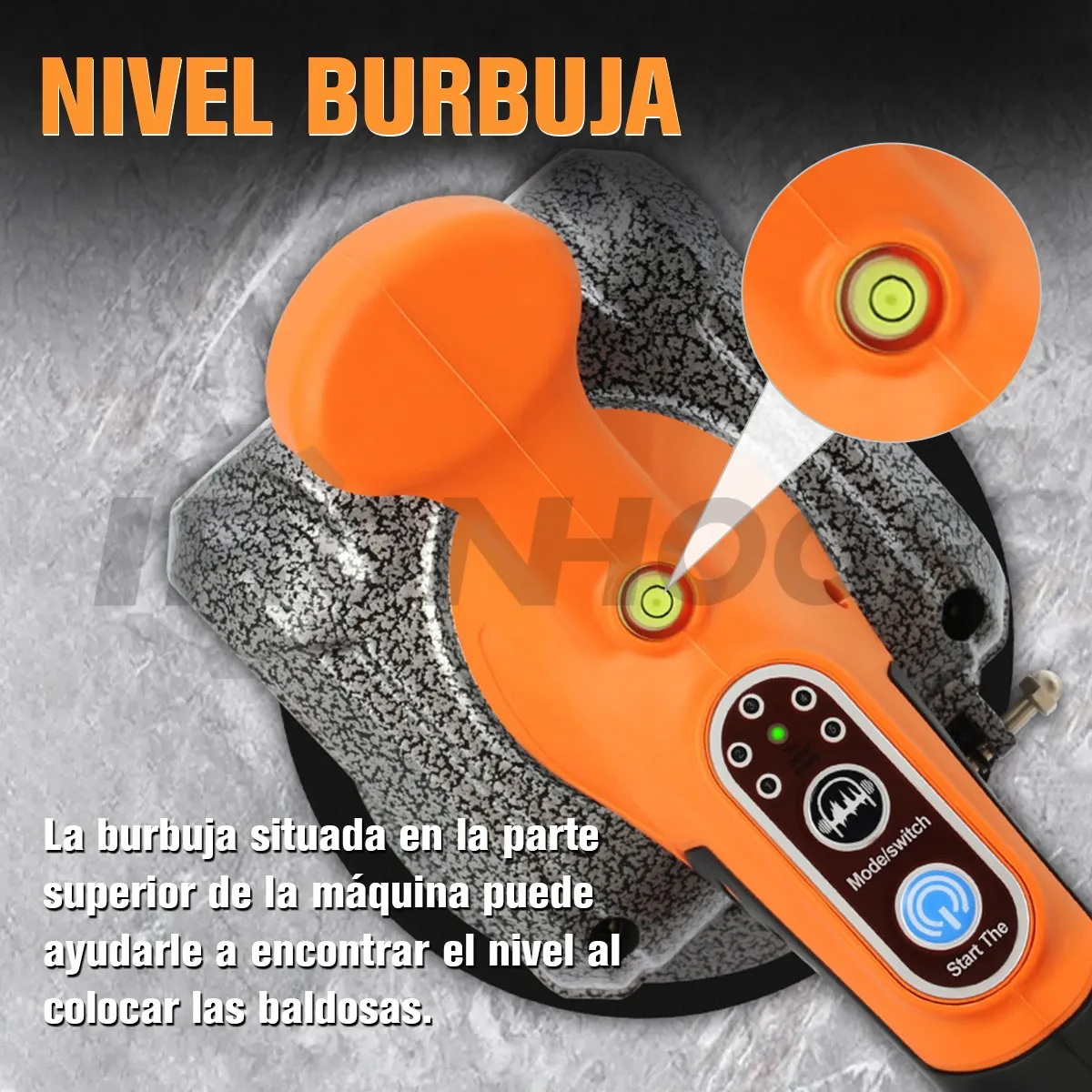 Vibrador de baldosas inalámbrico naranja con burbuja de nivel en la parte superior y pantalla táctil con botones de control, sobre superficie de baldosa gris.