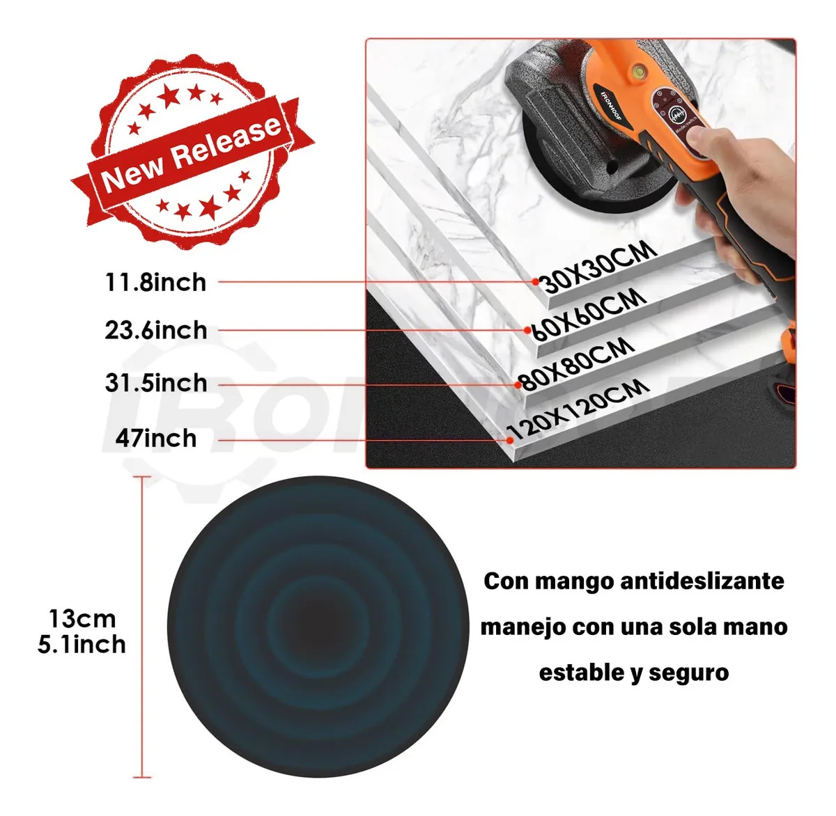 Vibrador de baldosas inalámbrico en acción, con mango antideslizante naranja y negro, aplicando sobre superficie de mármol blanco. Muestra medidas de 11.8 a 47 pulgadas y diámetro de 13 cm.