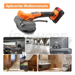 Vibrador de baldosas inalámbrico naranja con pantalla digital, batería 21V y base de goma antideslizante; ideal para cocina, baño, escaleras y pisos.