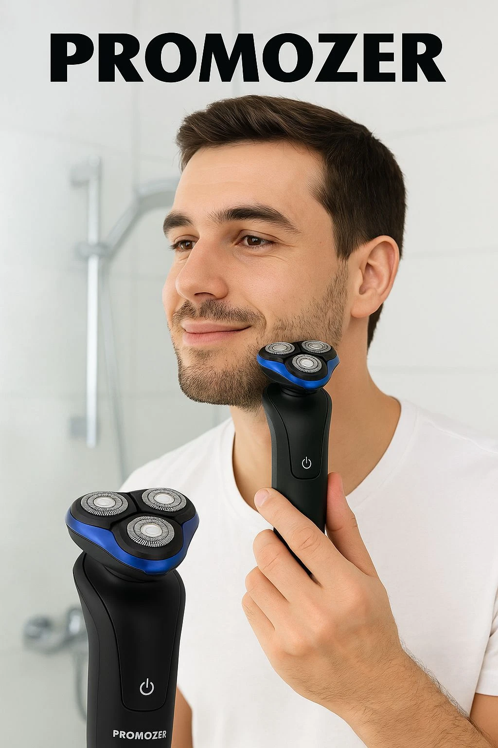 Hombre con barba usando afeitadora eléctrica Promozer de color negro y azul, con cabezales giratorios y botón de encendido visible en el mango.