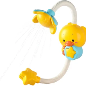 Ducha eléctrica de pato amarillo con bomba manual, manguera flexible y salida de agua en forma de flor.