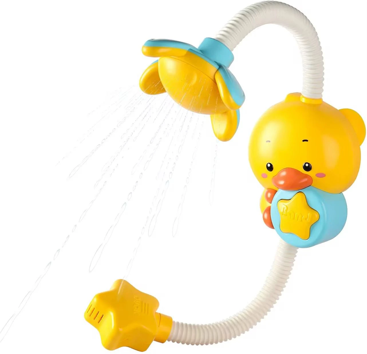 Ducha eléctrica de pato amarillo con bomba manual, manguera flexible y salida de agua en forma de flor.