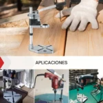 Soporte guía para taladro en madera, con mandril ajustable y regla de profundidad. Incluye base triangular con patas cruzadas y brazo articulado. Uso en carpintería para perforaciones precisas y alineadas.