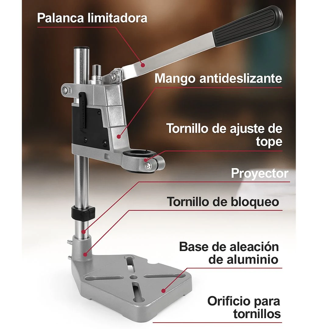 Soporte guía para taladro en color gris metálico con mango antideslizante negro, base de aluminio y mandril ajustable para perforación precisa.