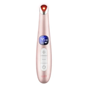 Masajeador de ojos con calor infrarrojo en color rosa, con pantalla digital mostrando 45°C y botones de control. Incluye luz roja en la punta.